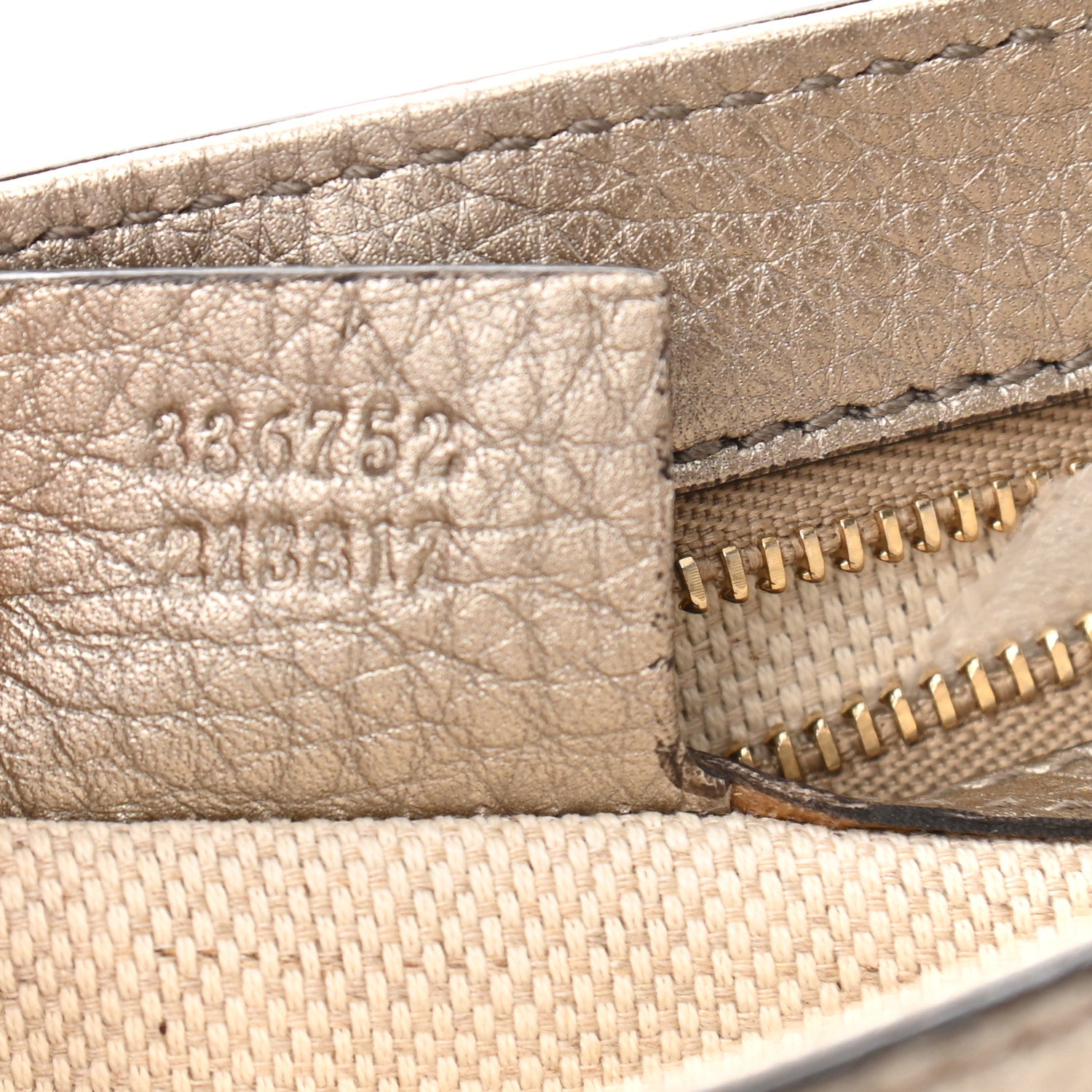 Gucci Metallic Pebbled Calfskin Medium Soho Flap Crossbody Golden Beige 7 of 11