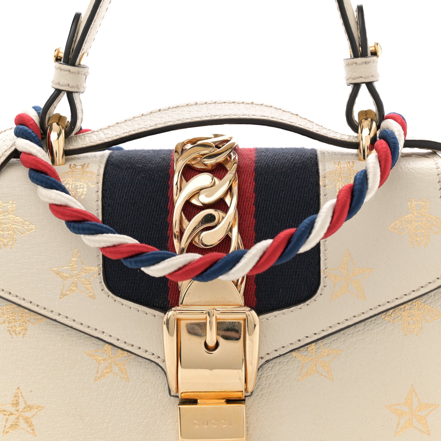 Gucci Textured Calfskin Bee Star Print Mini Sylvie Top Handle Bag Mystic White 8 of 12