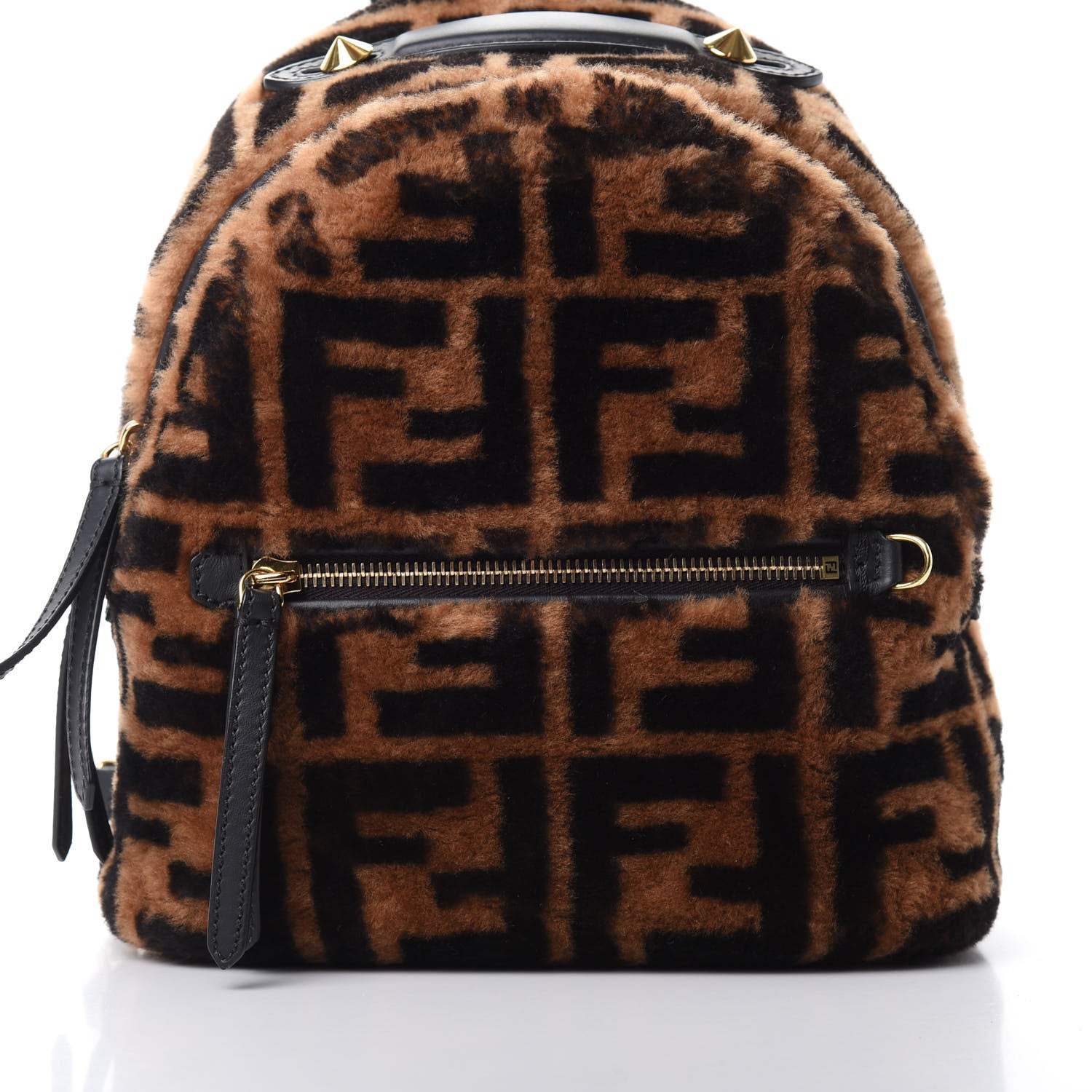 Fendi Shearling Macro FF 1974 Mini Backpack Tobacco Black 7 of 9