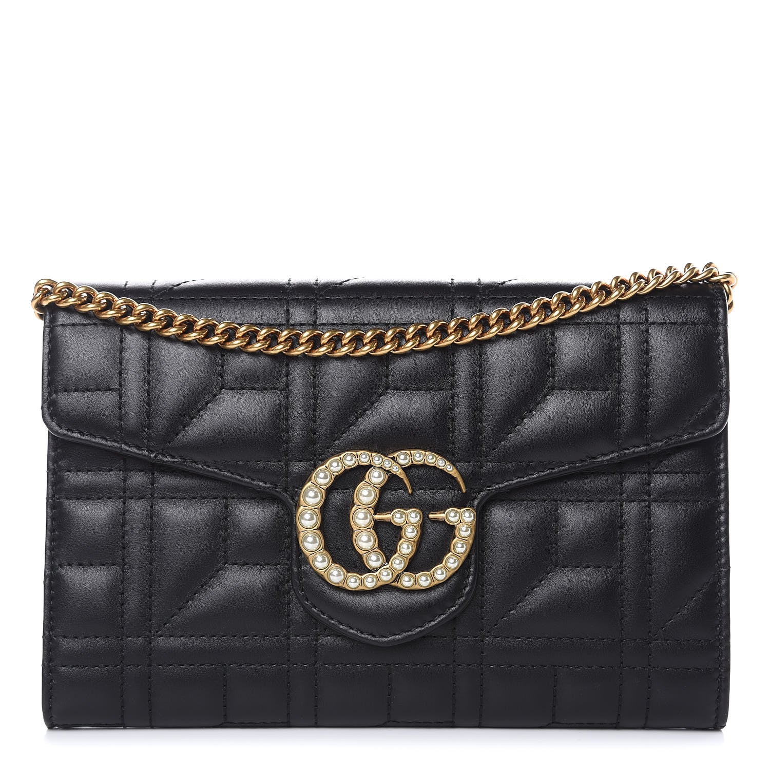 Gucci Calfskin Matelasse Mini Pearly GG Marmont Chain Wallet Black 1 of 9