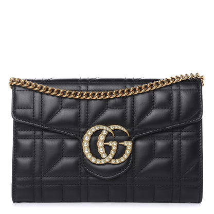 Gucci Calfskin Matelasse Mini Pearly GG Marmont Chain Wallet Black 1 of 9
