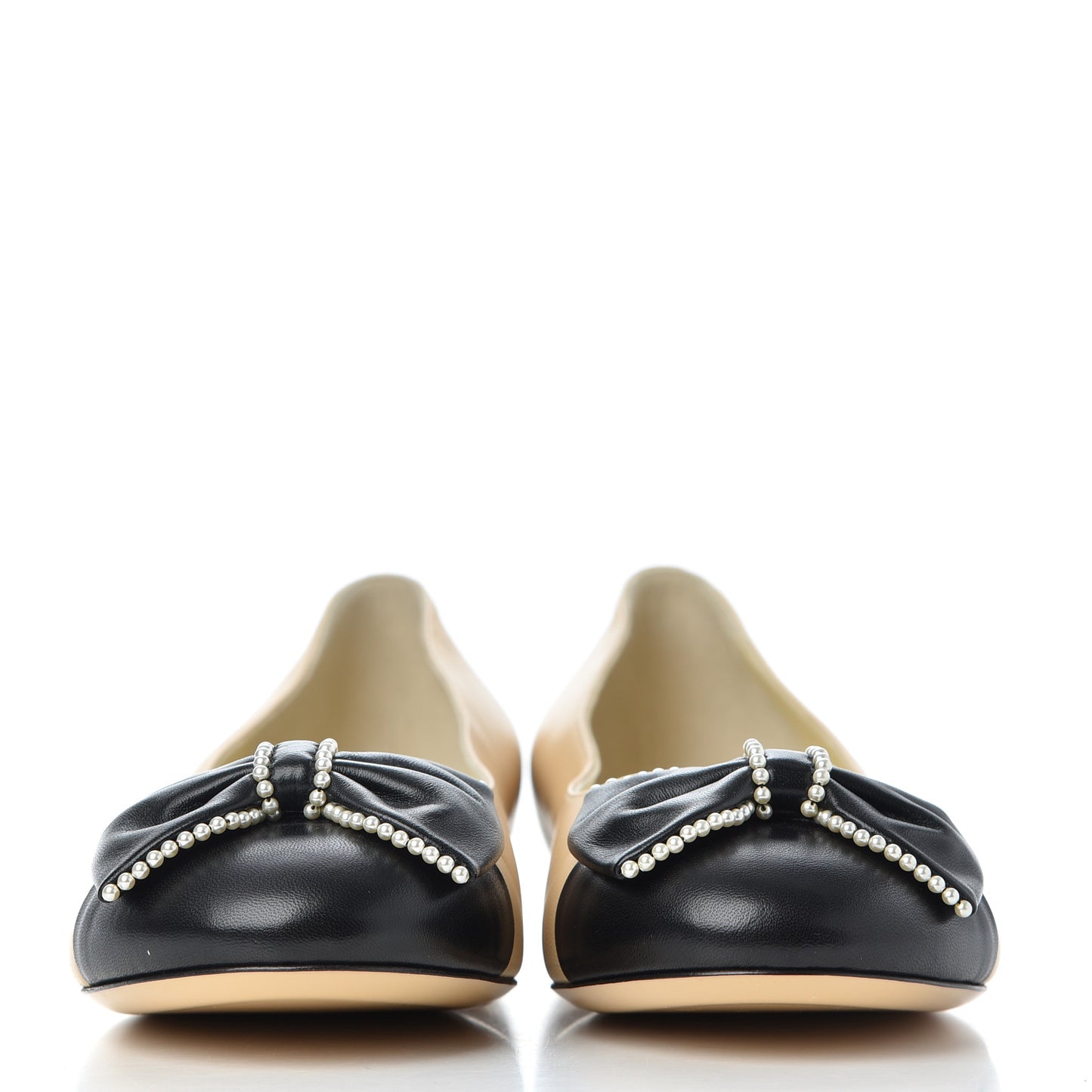 Lambskin Pearl Bow Ballerina Flats 40 Beige Black
