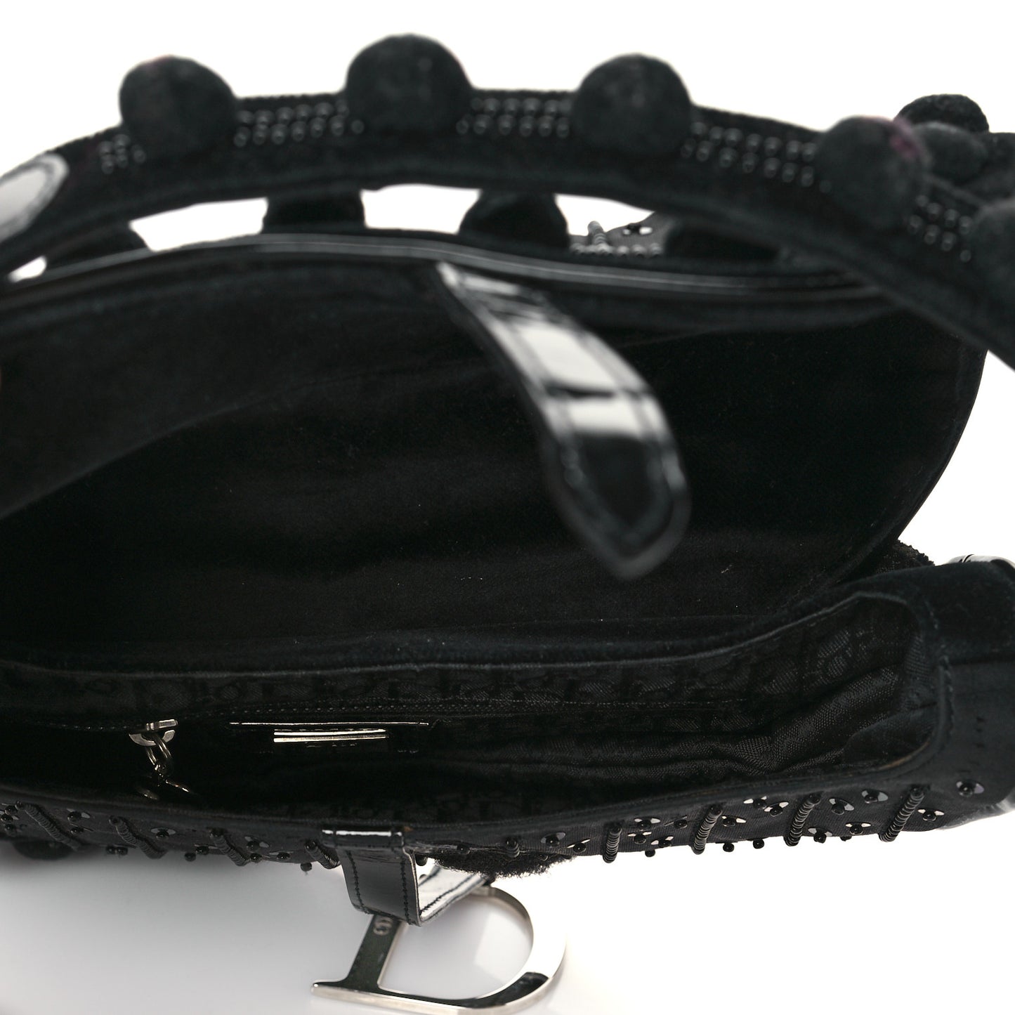 Velvet Nylon Pom Pom Saddle Bag Black