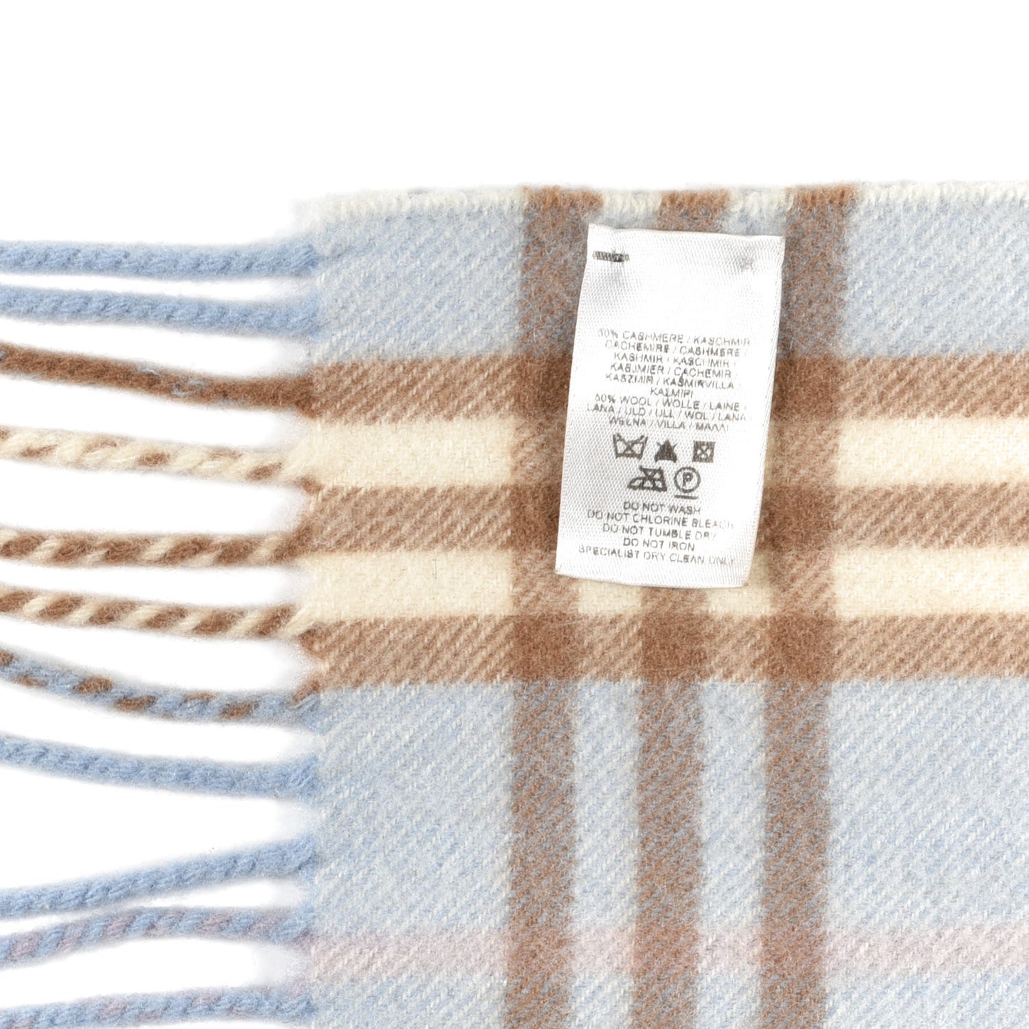 Cashmere Wool Check Fringe Scarf Light Blue