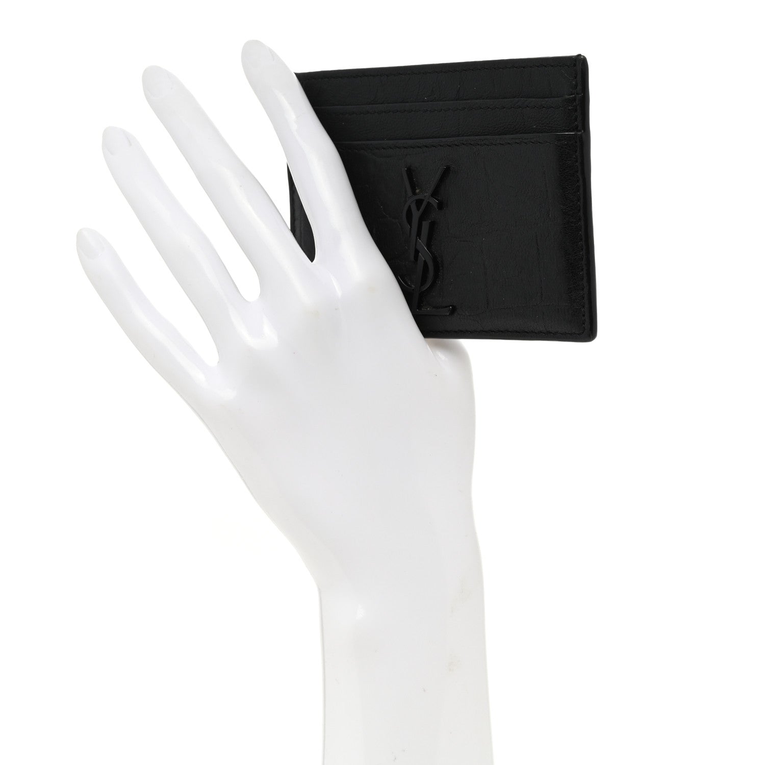 Saint Laurent Calfskin Crocodile Embossed Monogram Credit Card Case Black 2 of 8