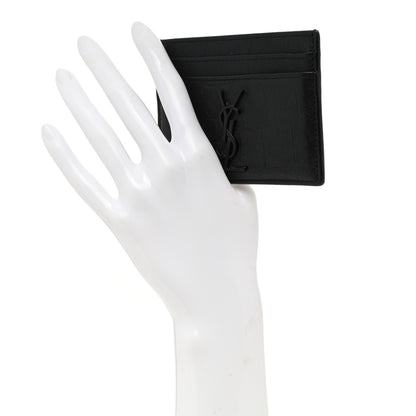 Saint Laurent Calfskin Crocodile Embossed Monogram Credit Card Case Black 2 of 8
