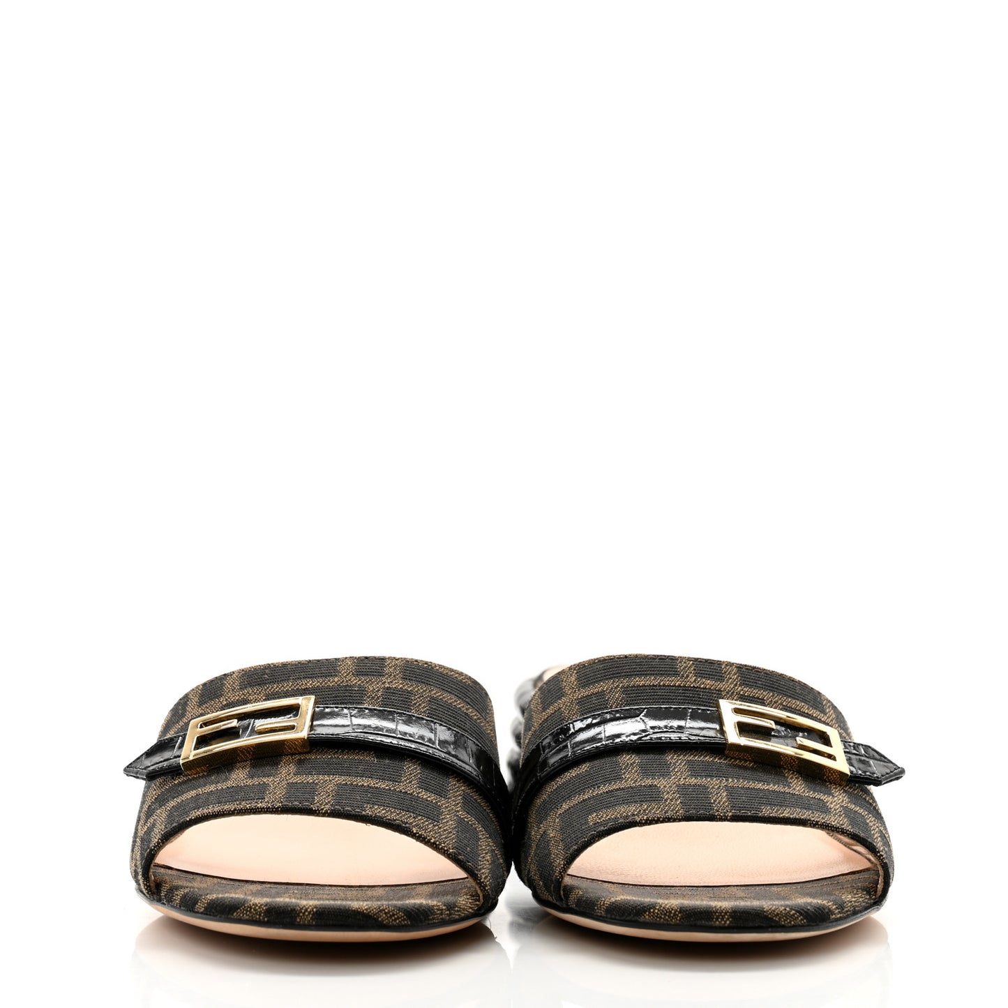 Jacquard Calfskin FF Crocodile Embossed Promenade Slide Sandals 38 Tobacco Moro Black
