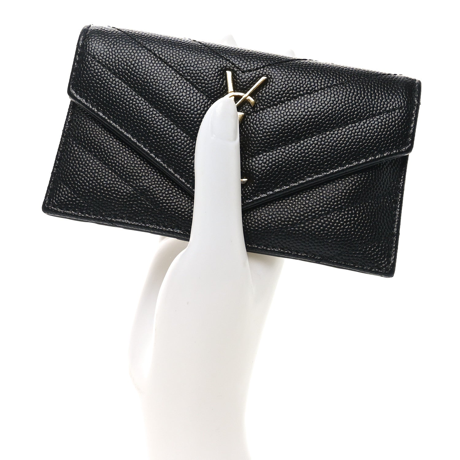Saint Laurent Grain De Poudre Matelasse Chevron Monogram Compact Wallet Black 2 of 6