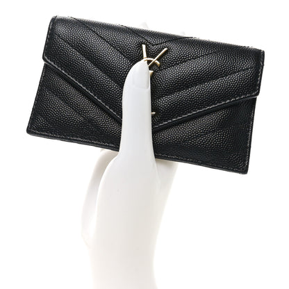 Saint Laurent Grain De Poudre Matelasse Chevron Monogram Compact Wallet Black 2 of 6