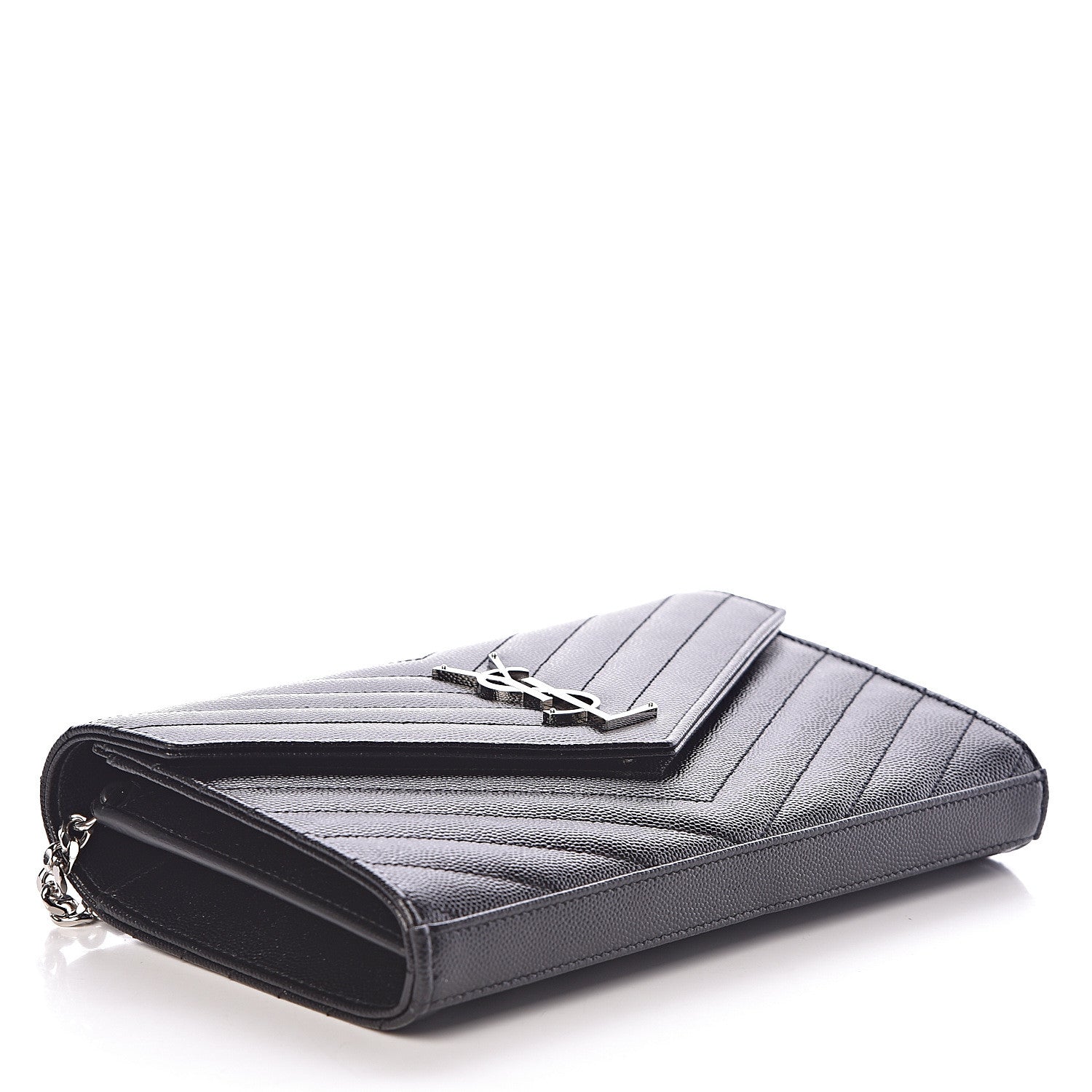 Saint Laurent Grain De Poudre Matelasse Chevron Monogram Chain Wallet Black 4 of 9