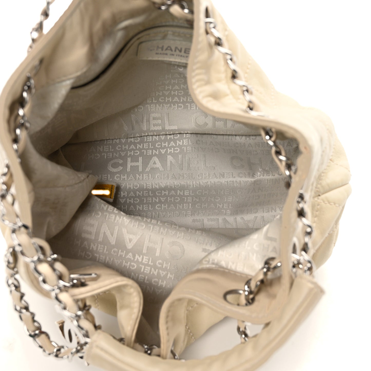 Lambskin Contrast Stitch Small Drawstring Tote Ivory