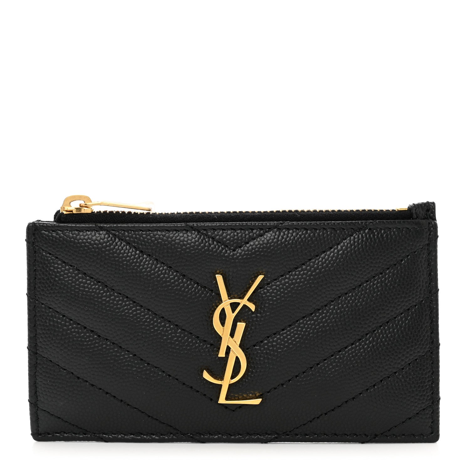 Saint Laurent Grain De Poudre Matelasse Chevron Monogram Fragments Zippered Card Case Black 1 of 6