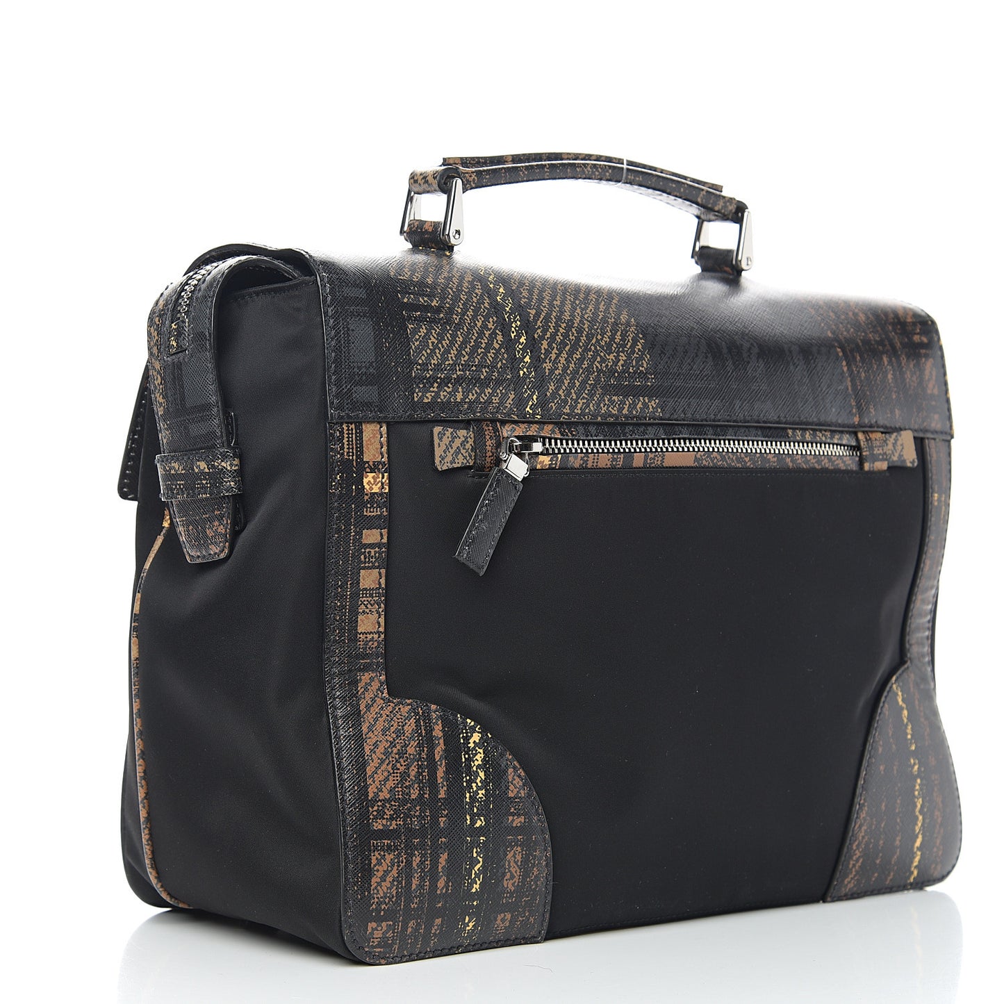 Tessuto Nylon Saffiano Tartan Print Briefcase Cammello