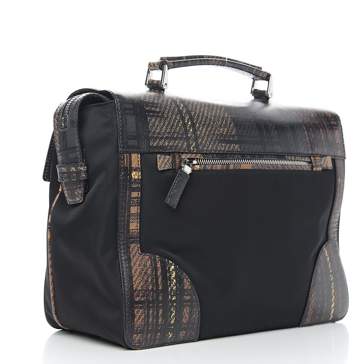 Prada Tessuto Nylon Saffiano Tartan Print Briefcase Cammello 2 of 8