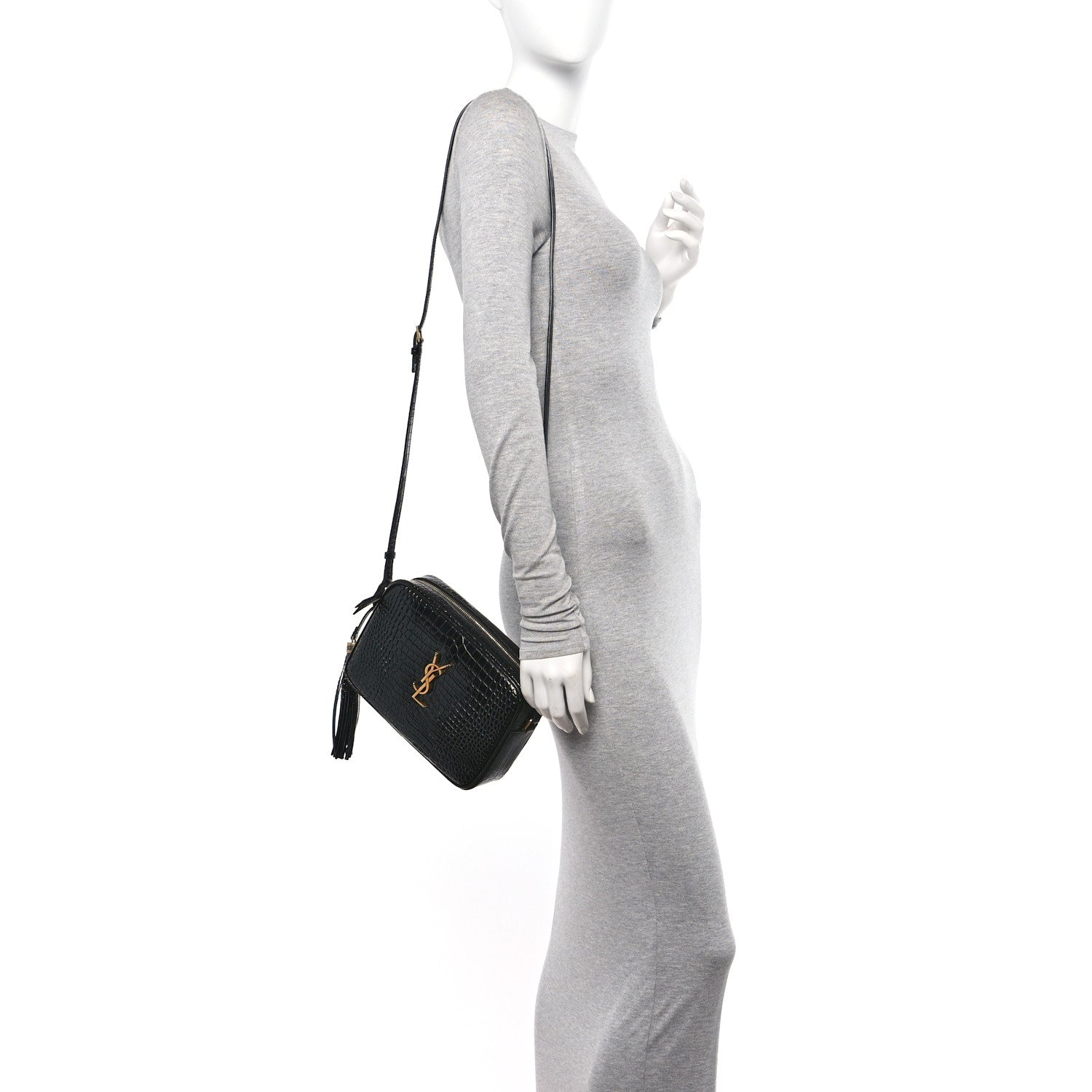 Saint Laurent Patent Calfskin Crocodile Embossed Monogram Lou Camera Bag Black 2 of 10