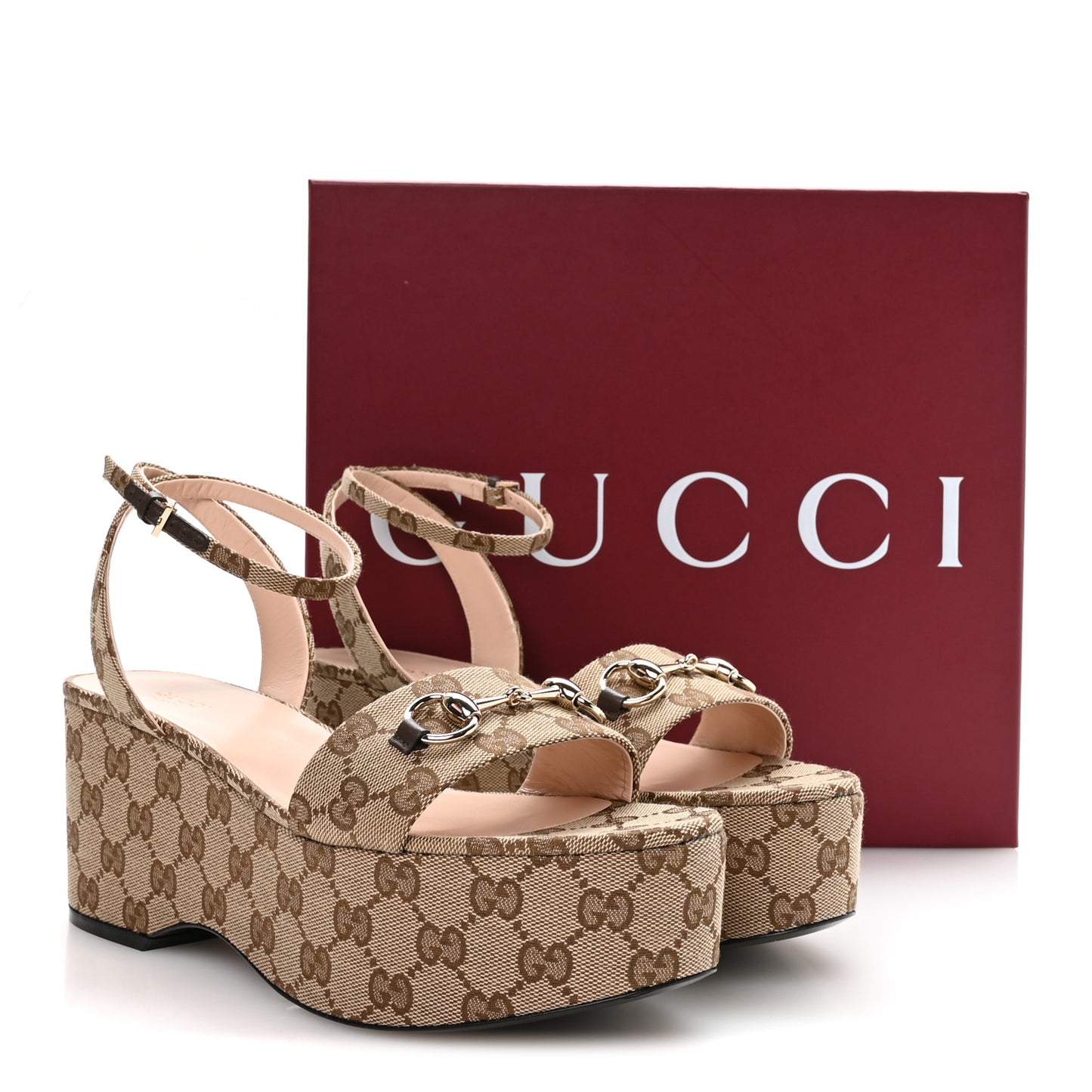 Monogram Nappa Chalotte Horsebit Ankle Strap 75mm Flatform Sandals 41 Beige Ebony