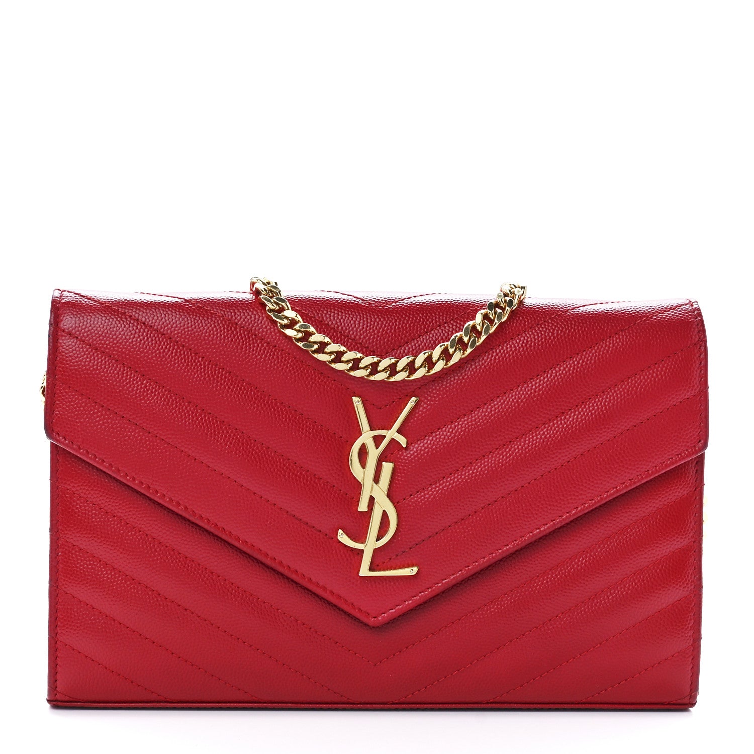 Saint Laurent Grain De Poudre Matelasse Chevron Monogram Chain Wallet Red 1 of 11