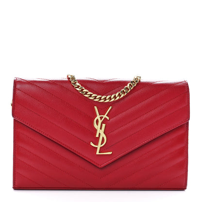 Saint Laurent Grain De Poudre Matelasse Chevron Monogram Chain Wallet Red 1 of 11