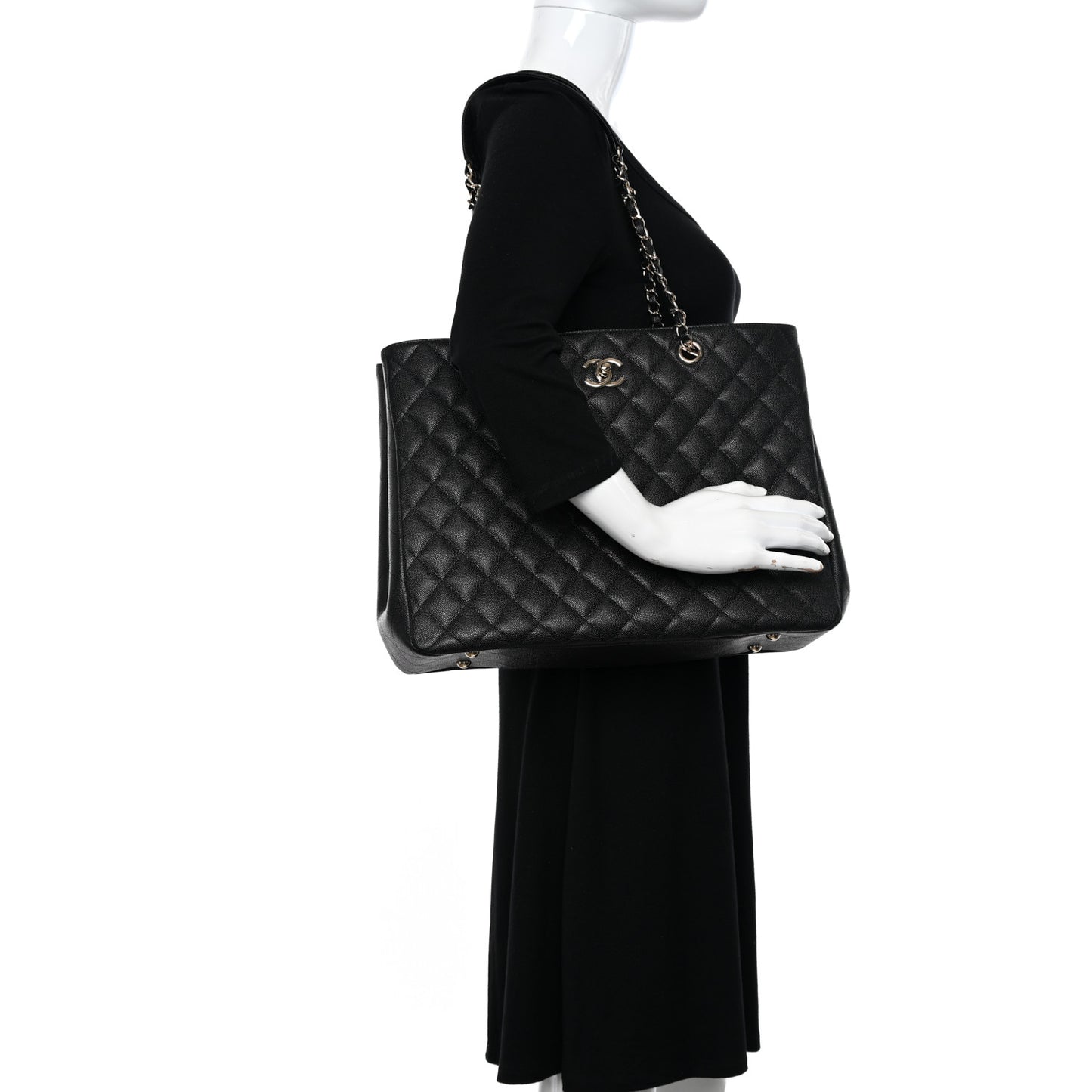 Caviar Quilted Large Shopping Tote Black