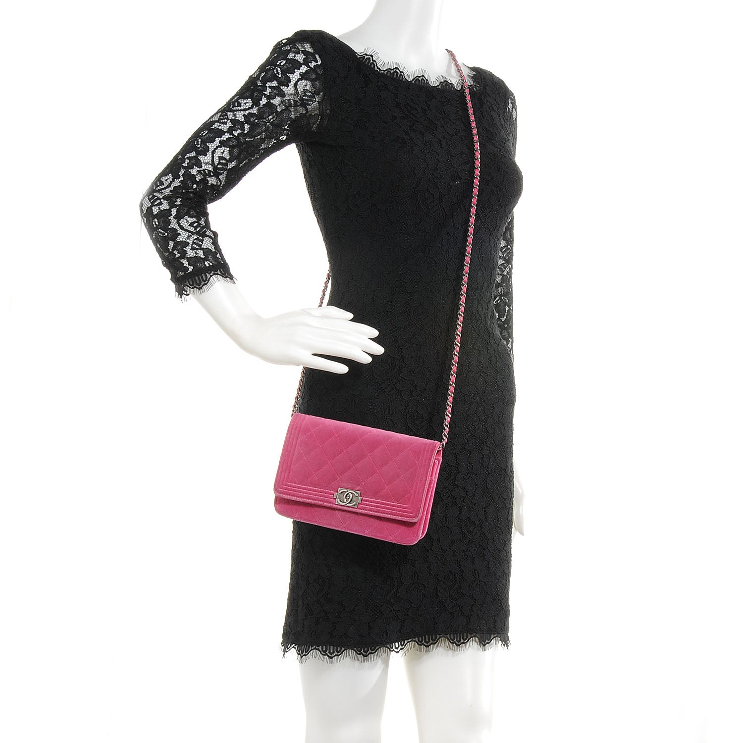 Chanel Velvet Quilted Boy Wallet On Chain Fuchsia 2 of 11