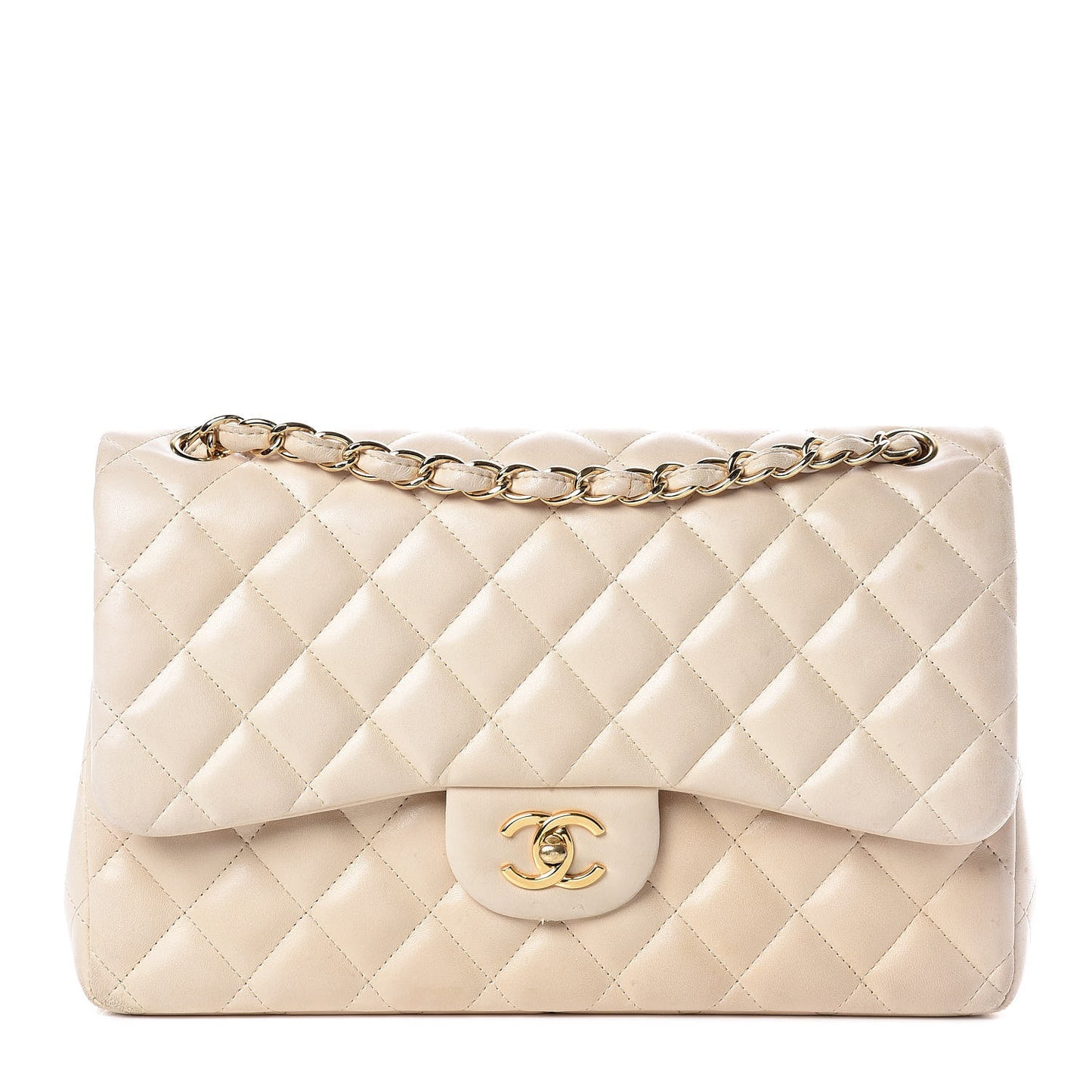 Lambskin Quilted Jumbo Double Flap Light Beige