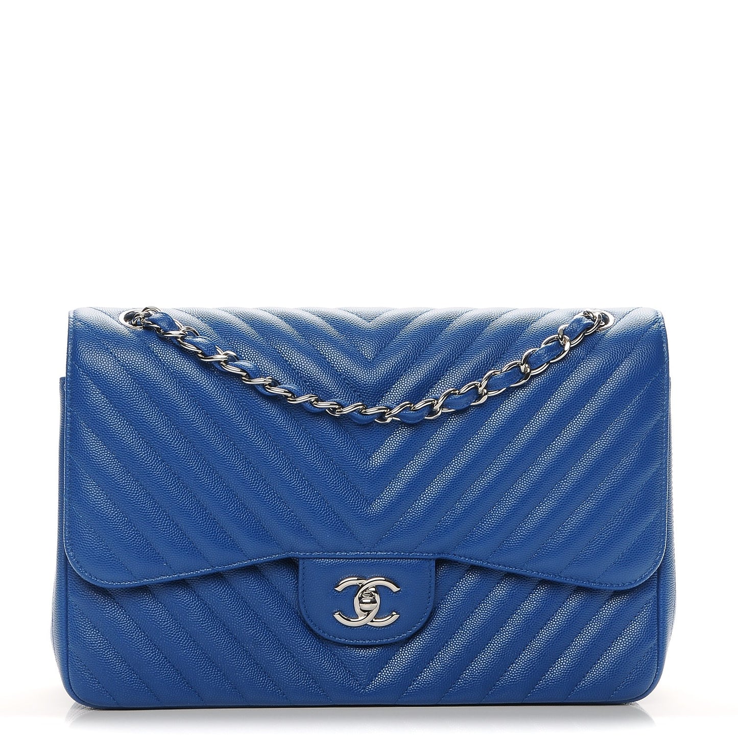 Caviar Chevron Quilted Jumbo Double Flap Blue