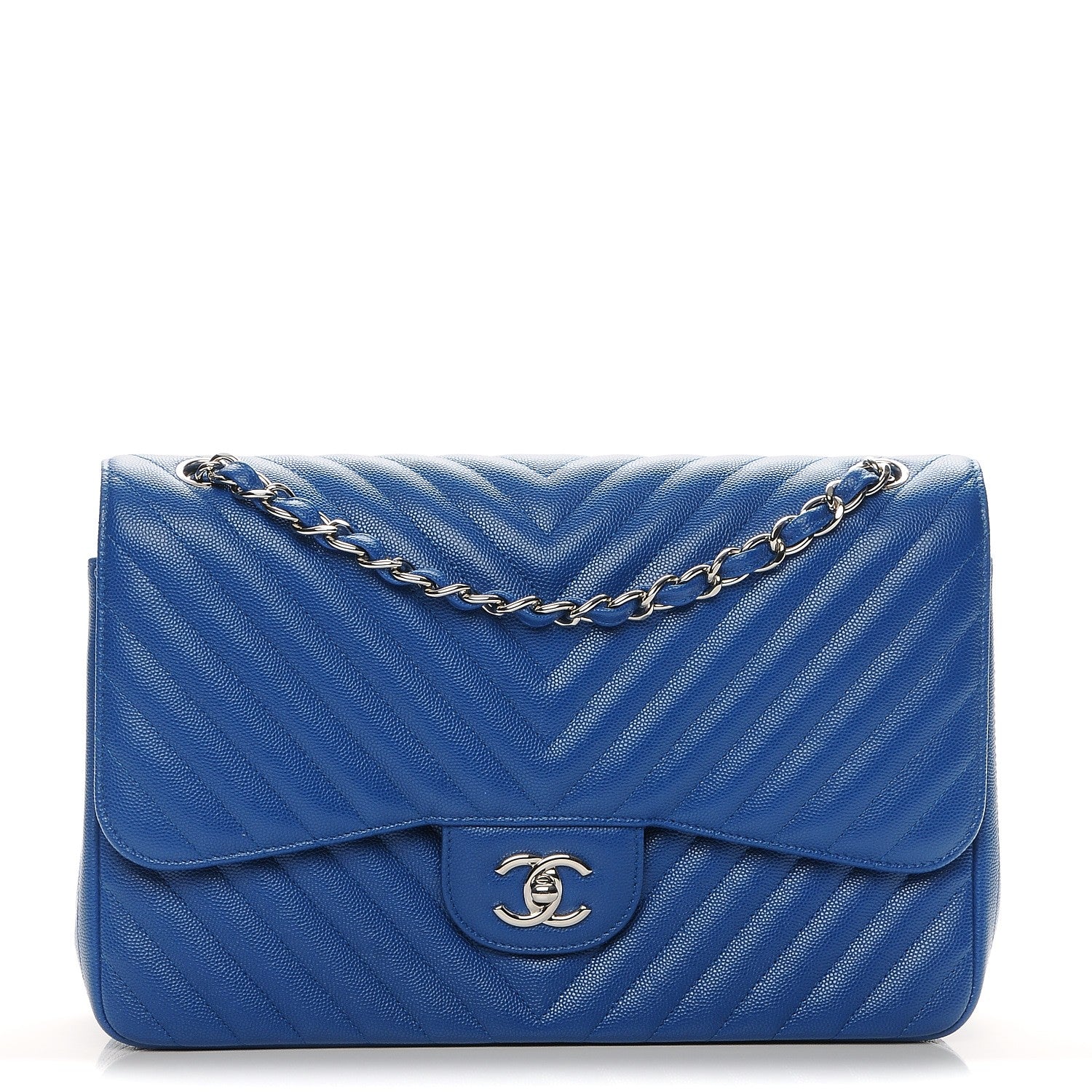 Chanel Caviar Chevron Quilted Jumbo Double Flap Blue 1 of 7
