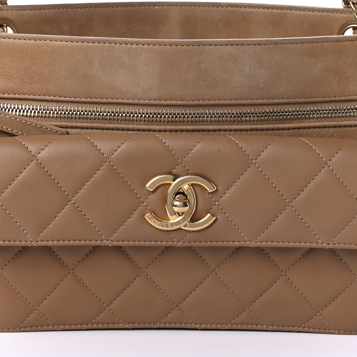 Iridescent Calfskin Chic Quilt Quilted Front Pocket Shoulder Bag Beige