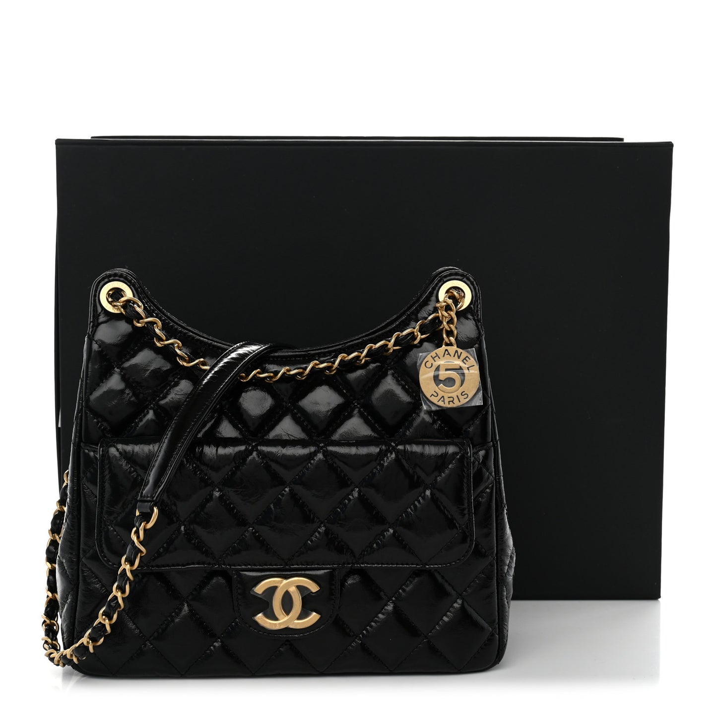 Shiny Crumpled Calfskin Quilted Wavy CC Hobo Black