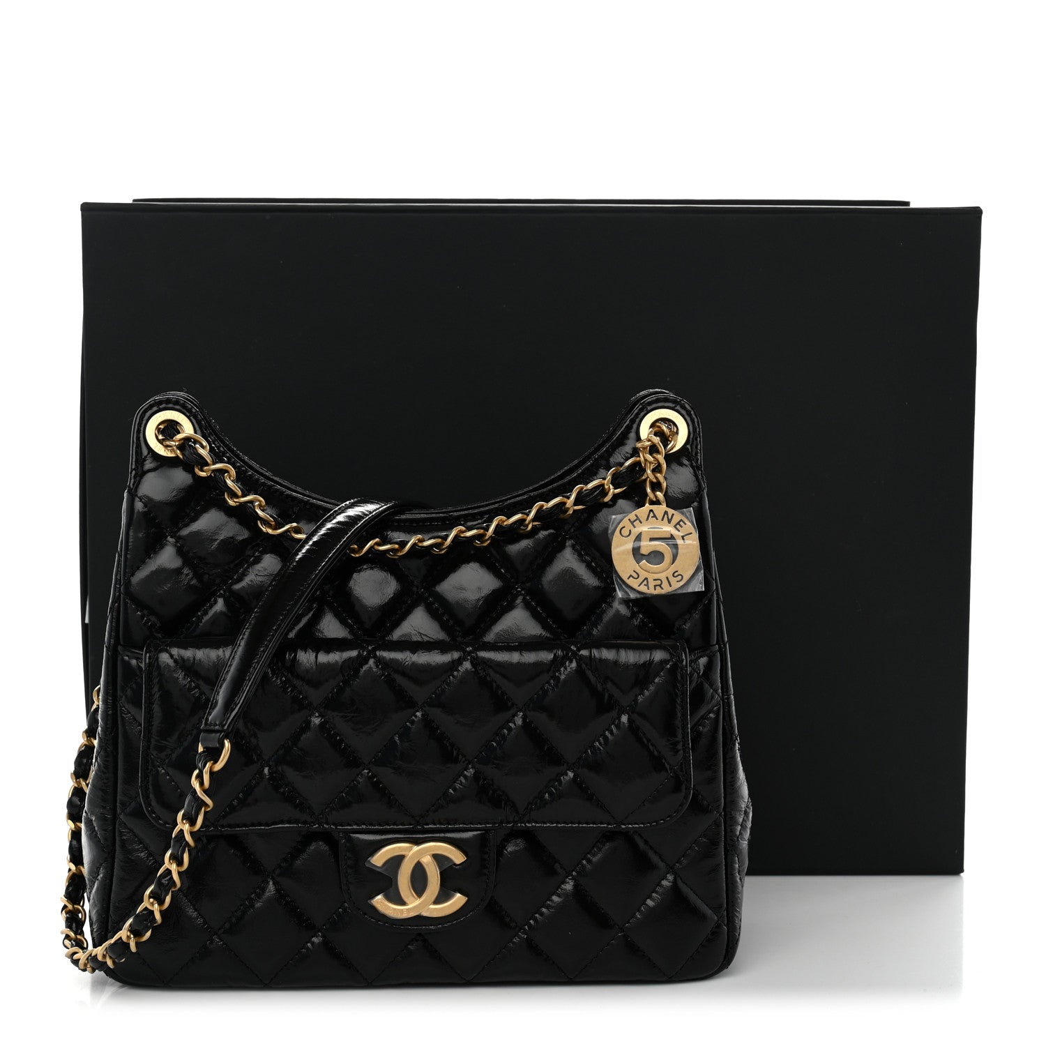 Chanel Shiny Crumpled Calfskin Quilted Wavy CC Hobo Black 11 of 11