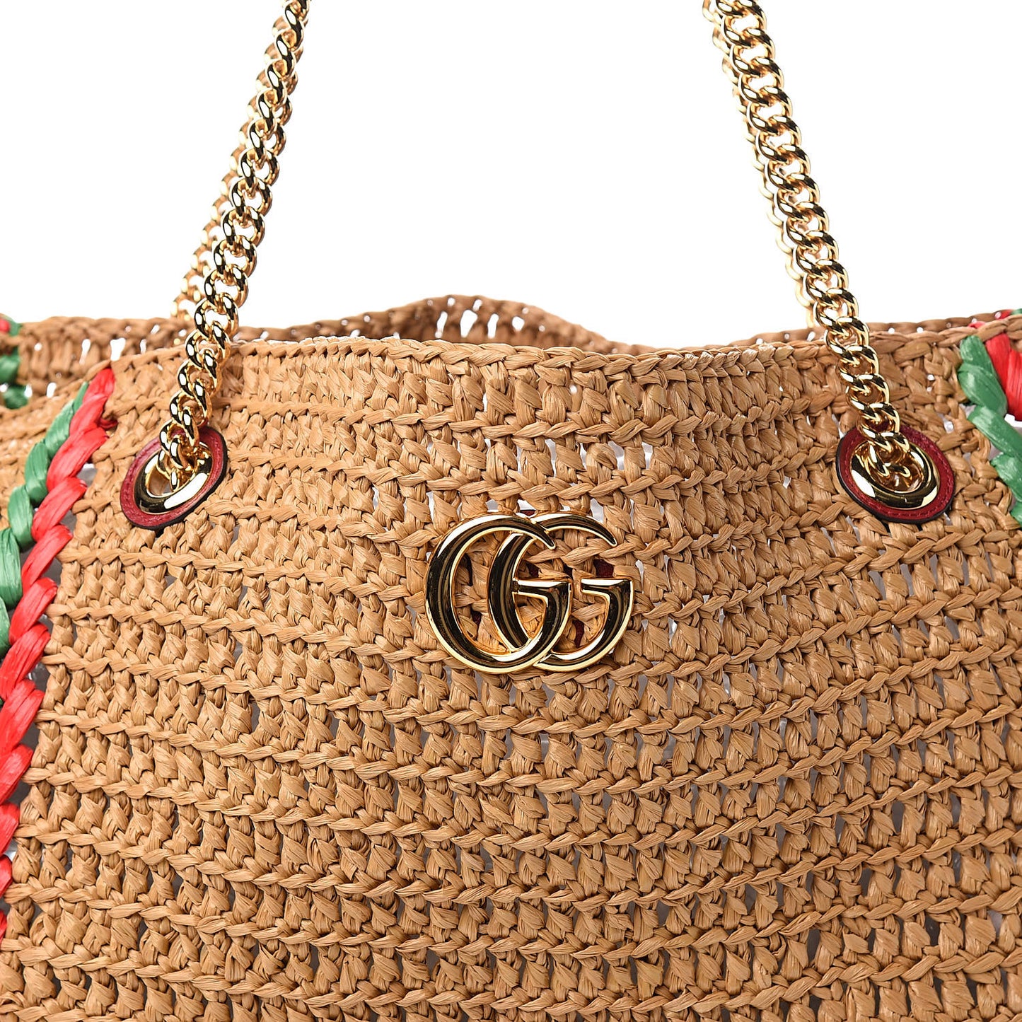 Raffia Effect Large GG Marmont Shoulder Tote Bag Natural Red Green