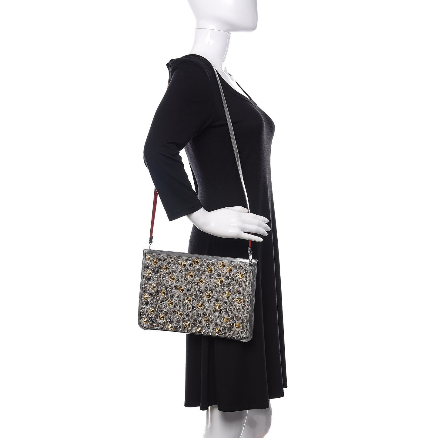 Patent Calfskin Glitter Studded Loubiclutch Crossbody Clutch Silver