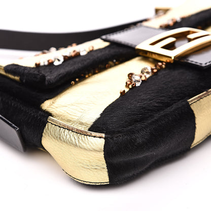 Fendi Metallic Calfskin Calf Hair Sequin Baguette Black Gold 7 of 12