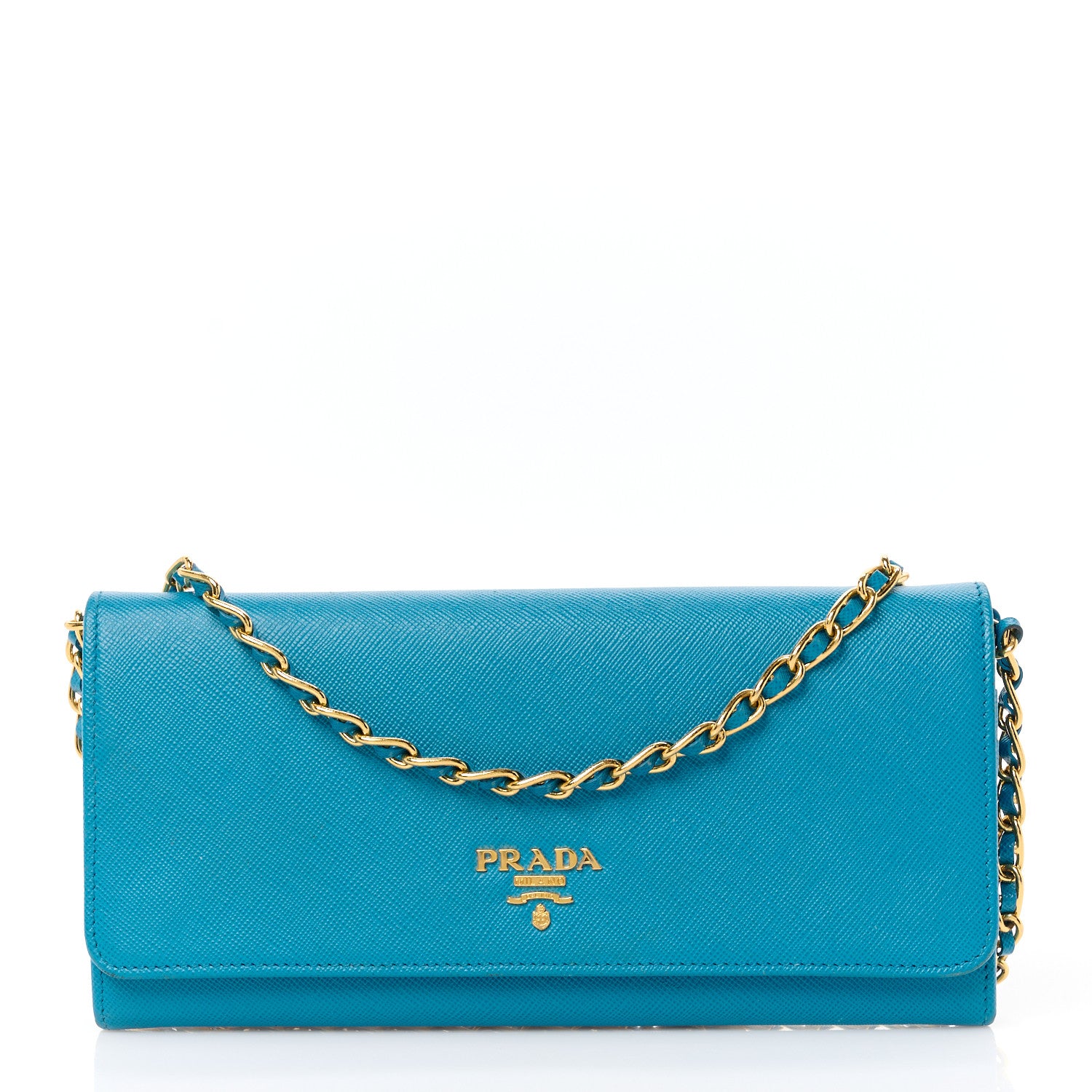 Prada Saffiano Metal Oro Chain Wallet Celeste 1 of 12