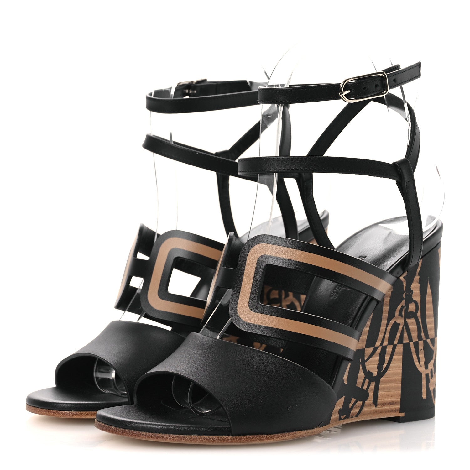 Hermes Calfskin Klara 100 Wedge Sandals 35 Black Natural 4 of 13