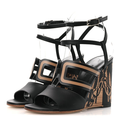 Hermes Calfskin Klara 100 Wedge Sandals 35 Black Natural 4 of 13