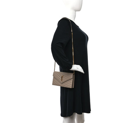 Saint Laurent Grain De Poudre Matelasse Chevron Monogram Envelope Chain Wallet Dark Beige 3 of 9