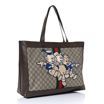 Gucci X DISNEY GG Supreme Monogram Web Three Little Pigs Large Ophidia Tote Beige New Acero 4 of 22