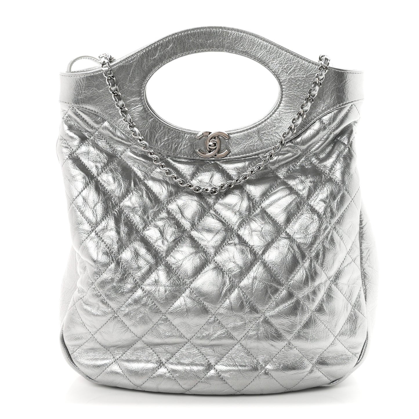 Metallic Crumpled Calfskin Small 31 Shopping Bag Silver