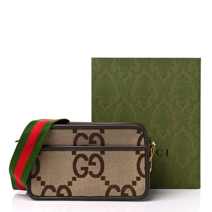 Gucci Monogram Jumbo GG Textured Dollar Calfskin Web Mini Crossbody Bag Camel Ebony New Acero 12 of 12