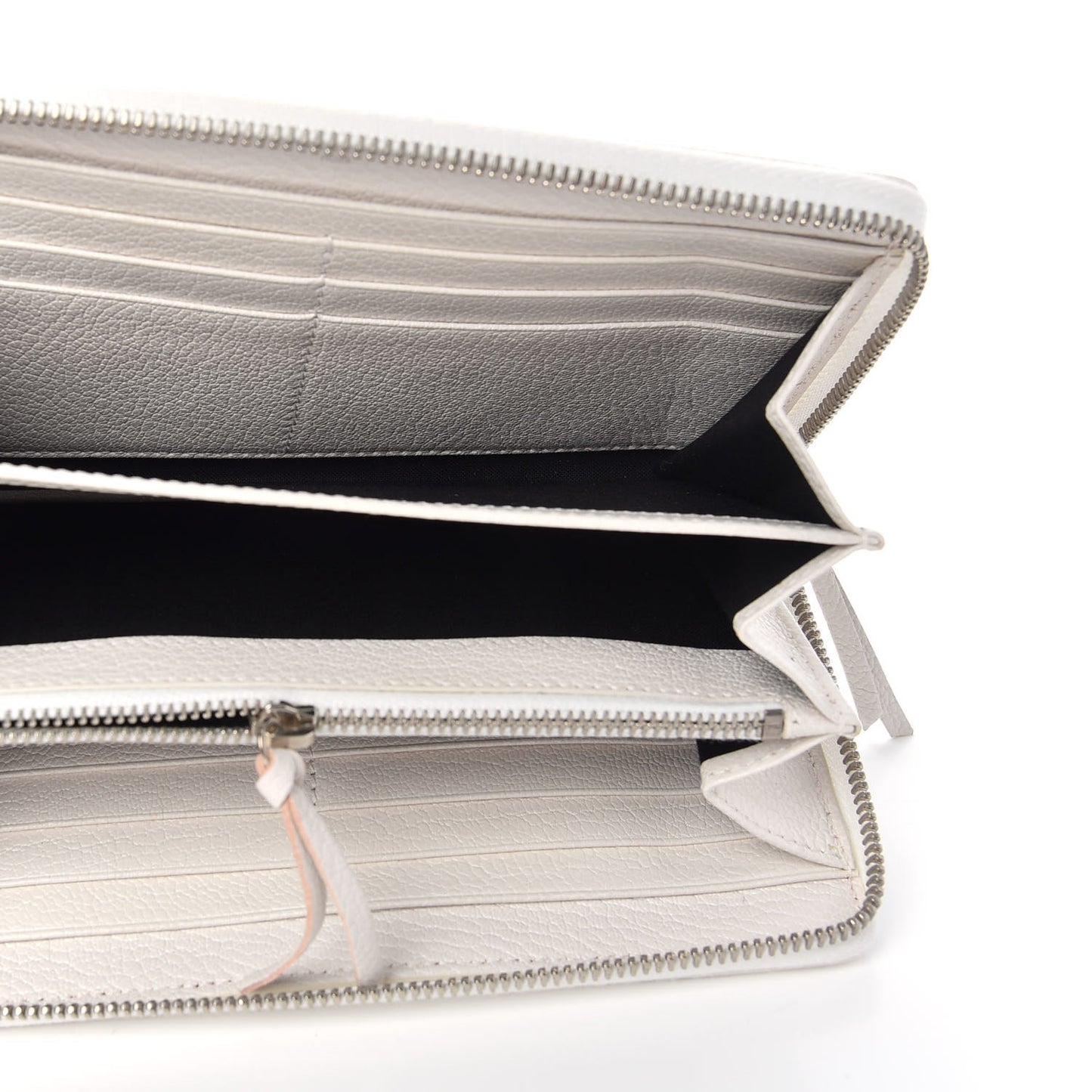 Chevre Silver Metallic Edge Hardware Zip Around Wallet Blanc Neige
