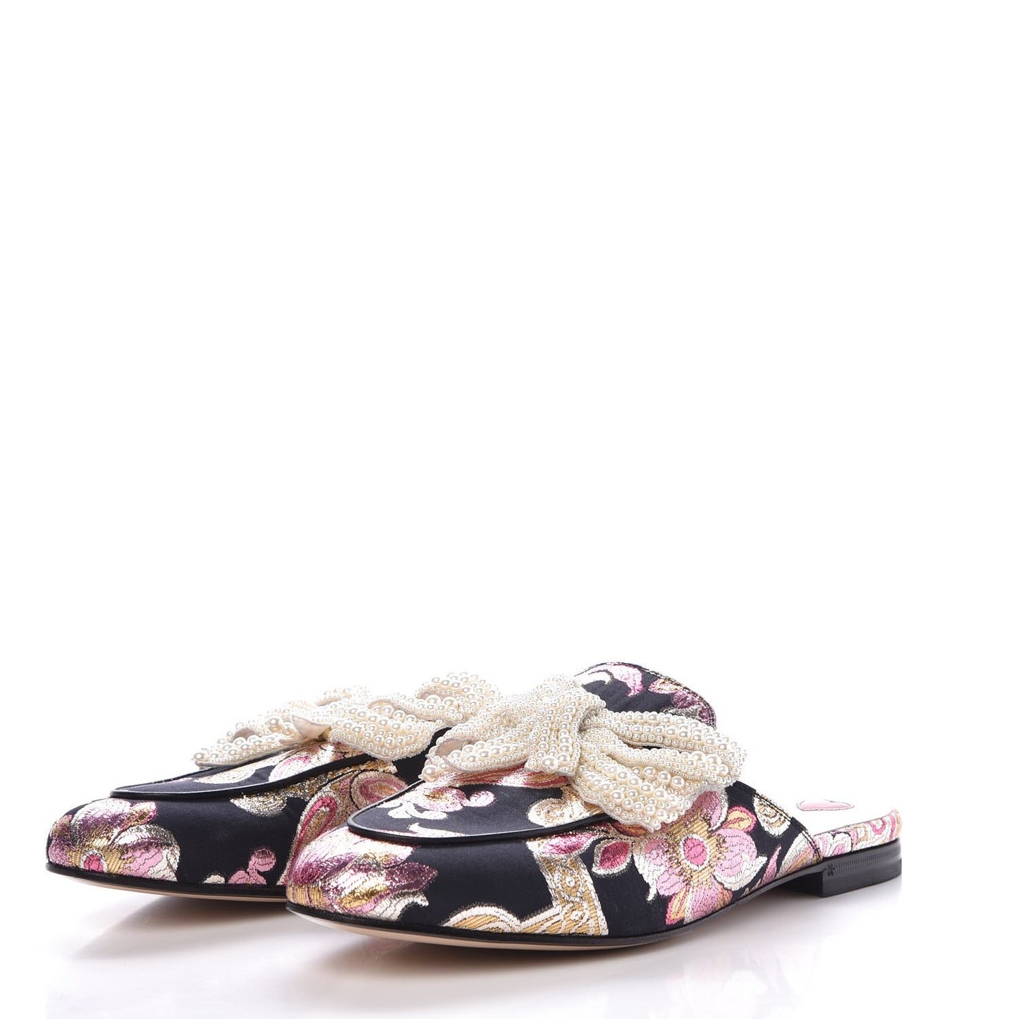 Iridescent Brocade Pearl Bow Womens Princetown Slippers 40.5 Black Pink