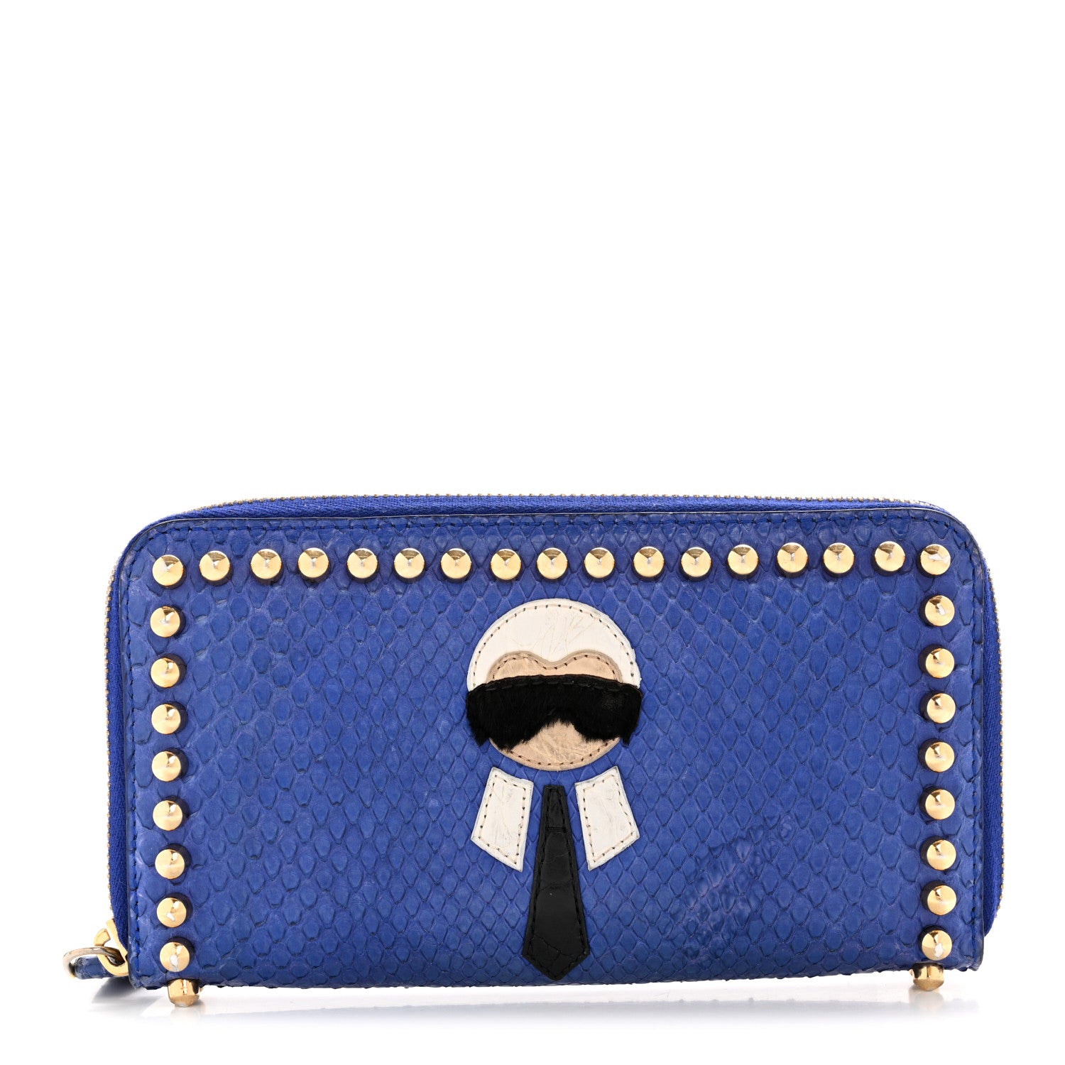 Fendi Snakeskin Mink Fur Studded Karlito Zip Around Wallet Blue 1 of 11