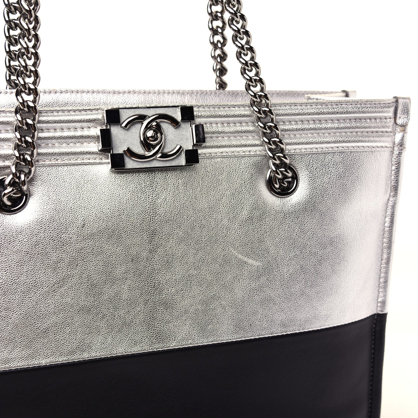 Metallic Goatskin Calfskin Bi-Color Large Boy Tote Black Silver