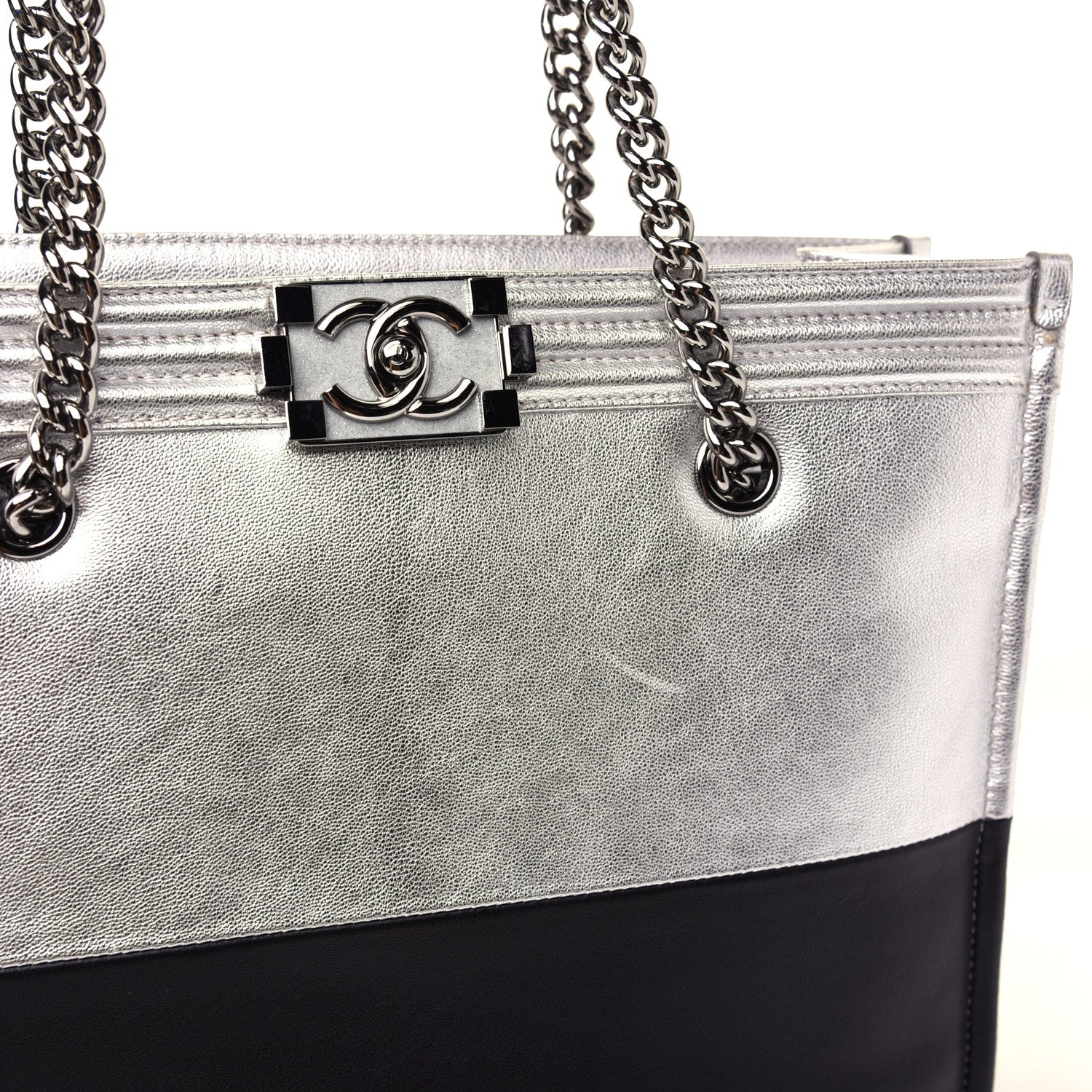 Chanel Metallic Goatskin Calfskin Bi-Color Large Boy Tote Black Silver 15 of 16