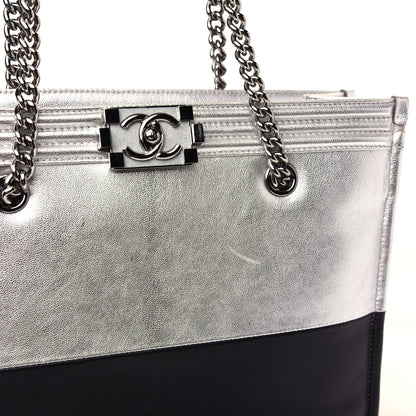 Chanel Metallic Goatskin Calfskin Bi-Color Large Boy Tote Black Silver 15 of 16