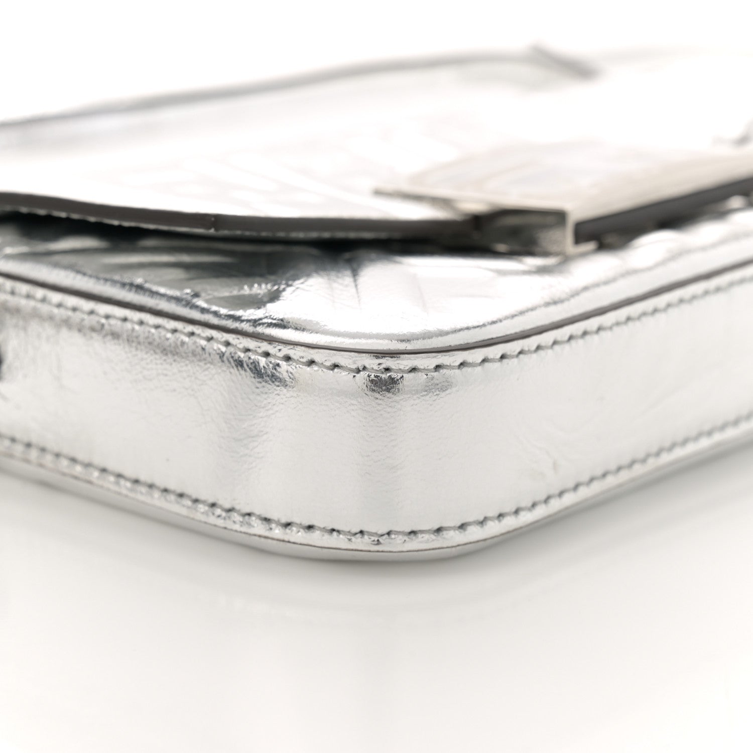 Fendi Vitello Catalan Mirror FF 1974 Embossed Phone Baguette Argento 9 of 12