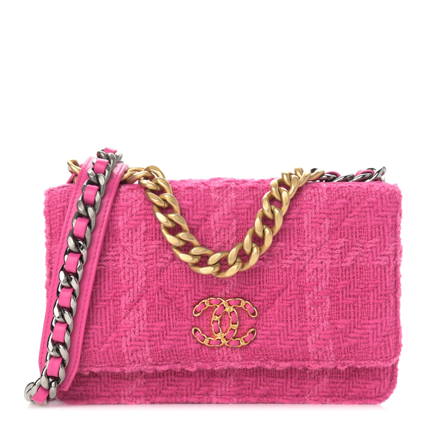 Wool Tweed Lambskin Quilted Chanel 19 Wallet On Chain WOC and Coin Purse Fuchsia