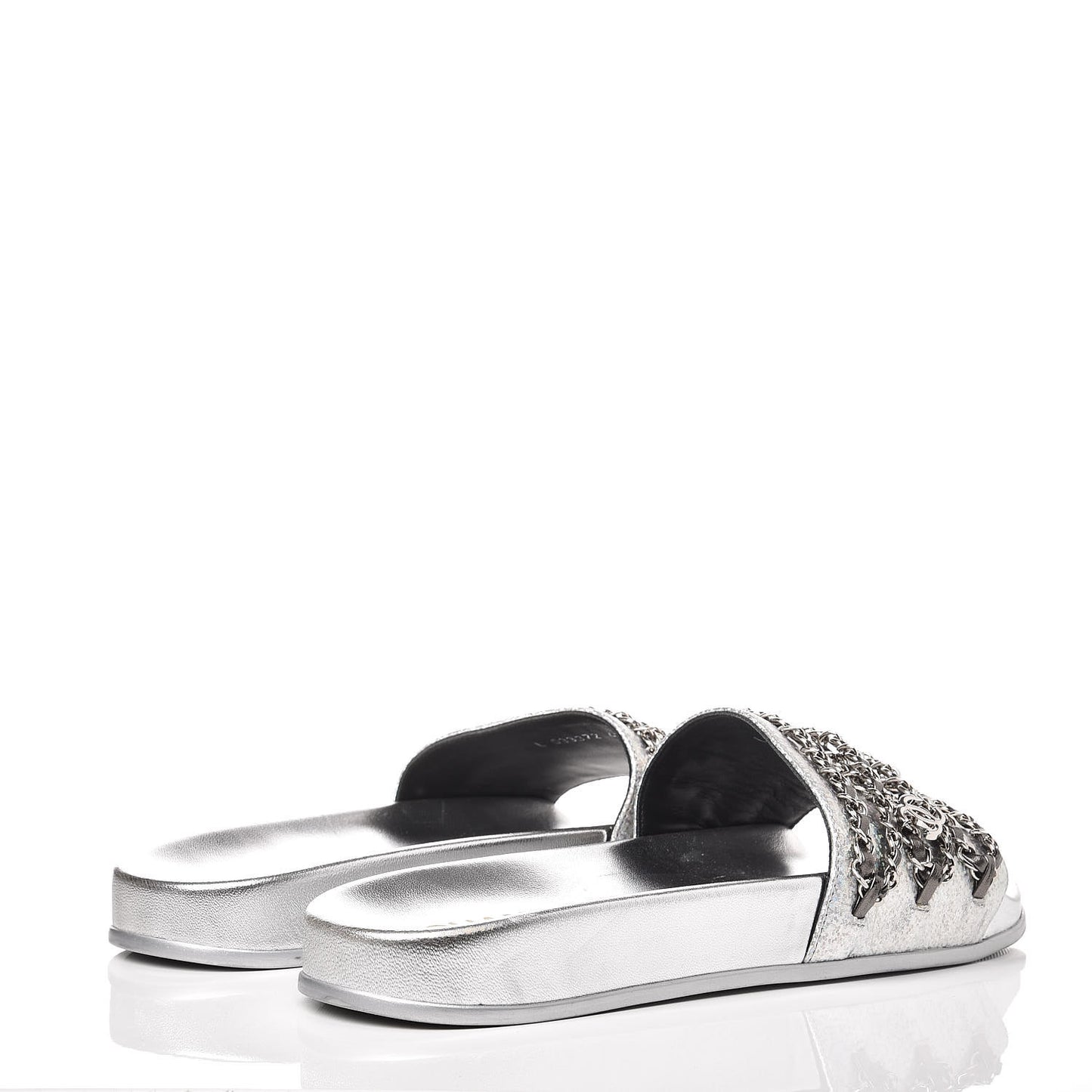 Metallic Lambskin Chain Flat Sandals 42 Silver
