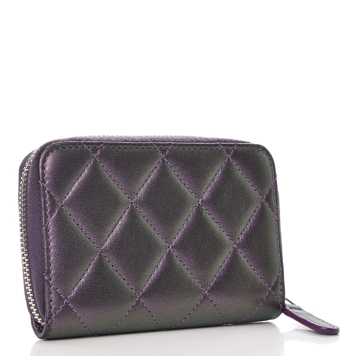 Metallic Lambskin Quilted Zip Around Coin Purse Wallet Dark Purple
